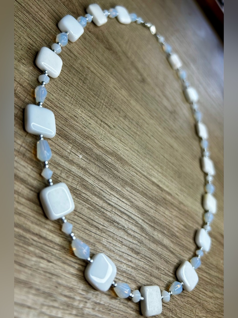 Opalite & White Glass Beaded Necklace Handmade - Picture 3 of 5